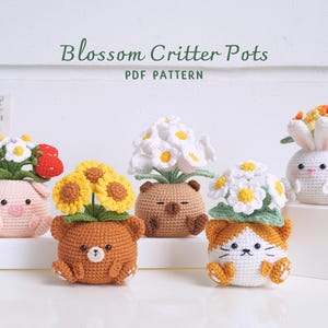 Blossom Critter Pots Crochet Patterns Bundle |  Sunflower Bear Pattern, Strawberry Pig Pattern, Myosotis Bunny Pattern, Daisy Cat Pattern